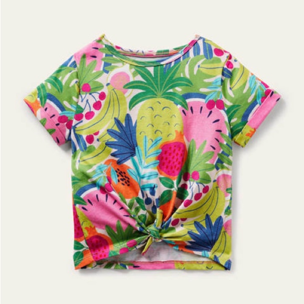 Boden Tie-Front Tropical Fruit T-Shirt-EUC